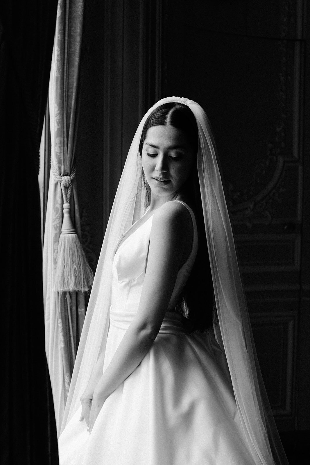Black and white portrait of the bride