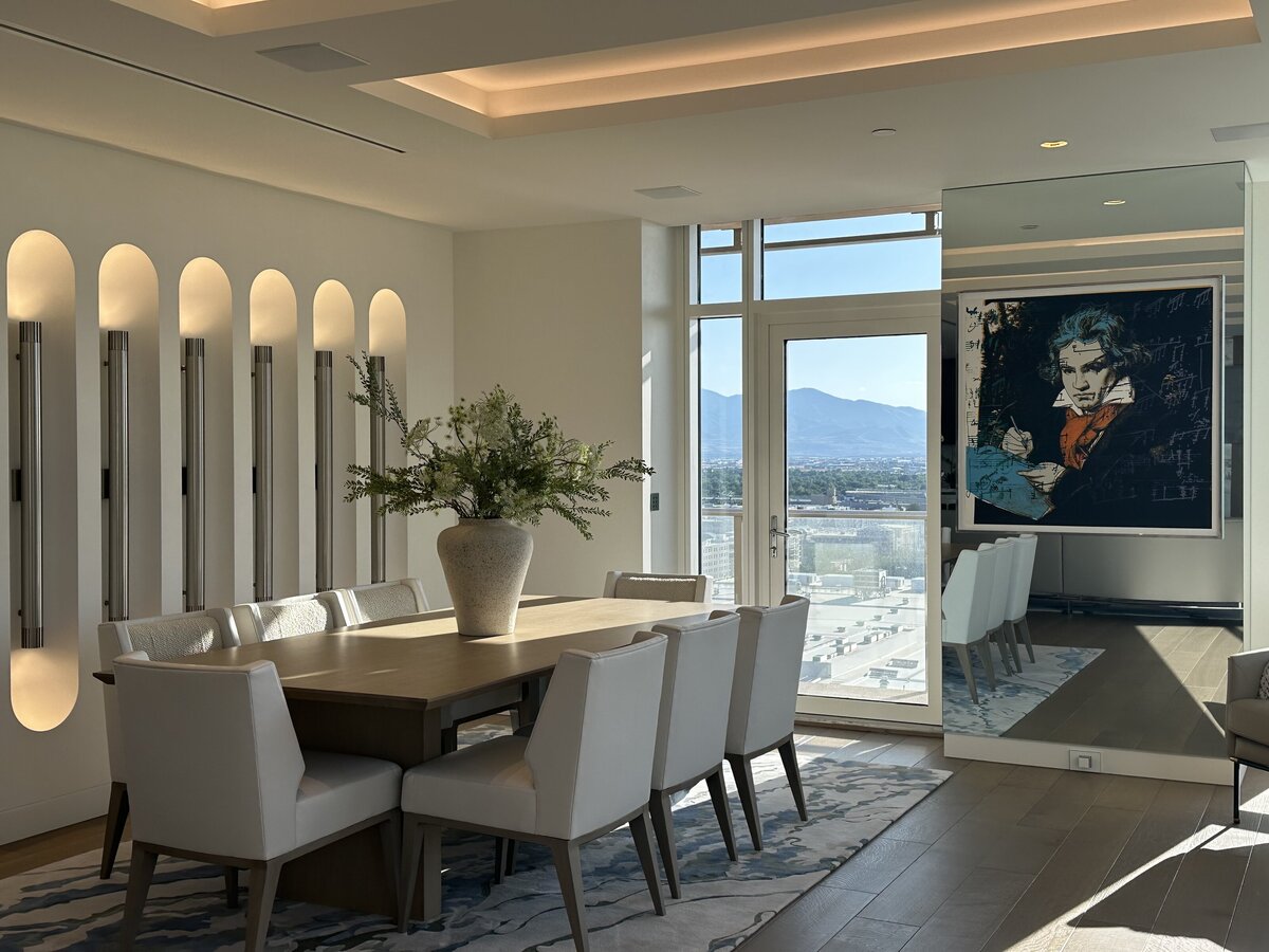 Luxury modern condo in downtown Salt Lake City featuring custom dining furniture, unique lighting design, and upscale interior by a Salt Lake City by Valt Interiors (completed in 2023)