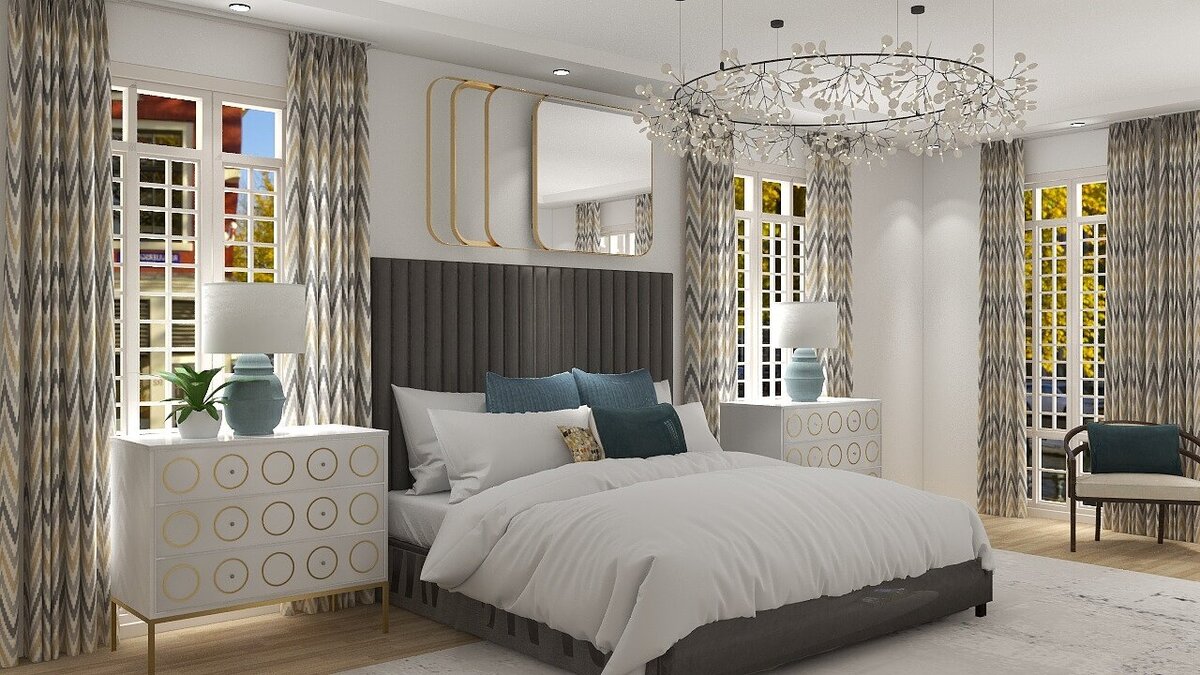 render of a master bedroom with upholstered bed and modern nightstands