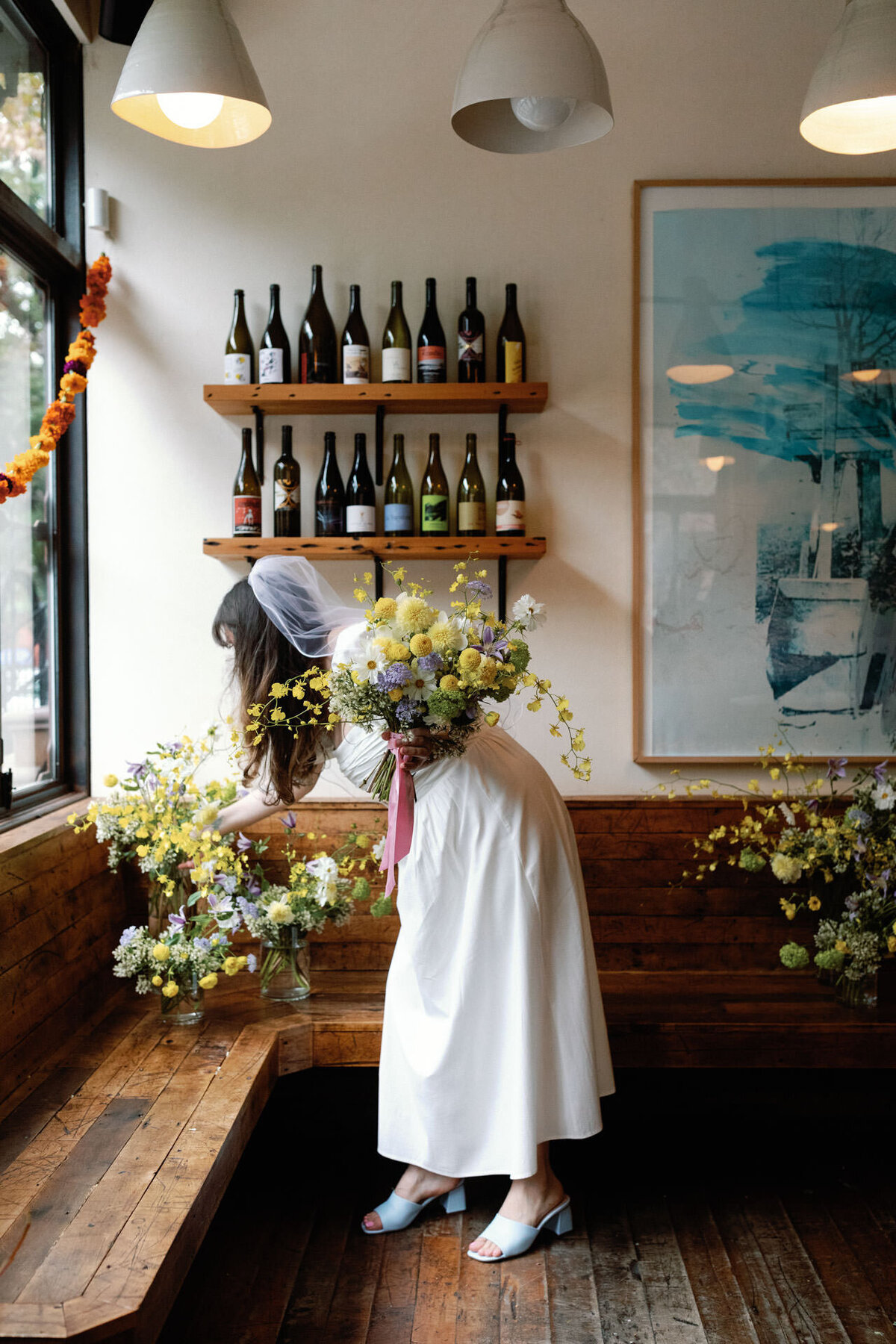 brooklyn fort greene bar wedding at rhodora wine bar with yellow flowers