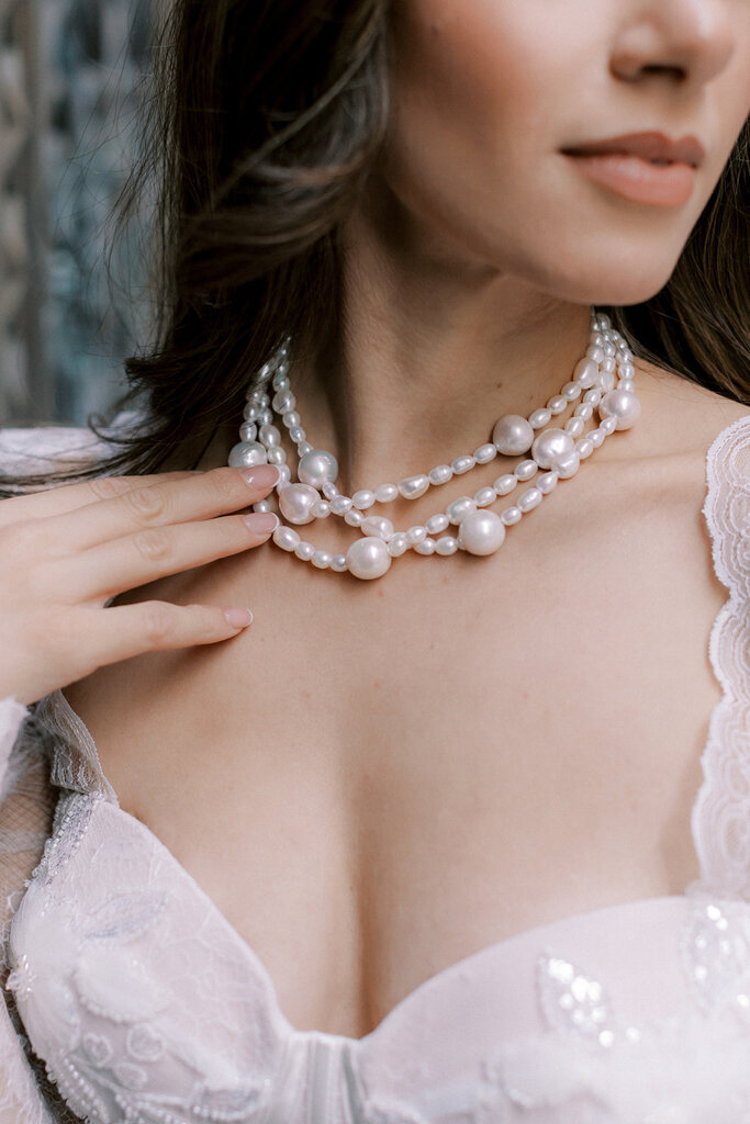 Baroque Pearl Jewelry by Joanna Bisley Designs photographed by Tess Lucas Photo. Featured on the Brontë Bride Vendor Guide.