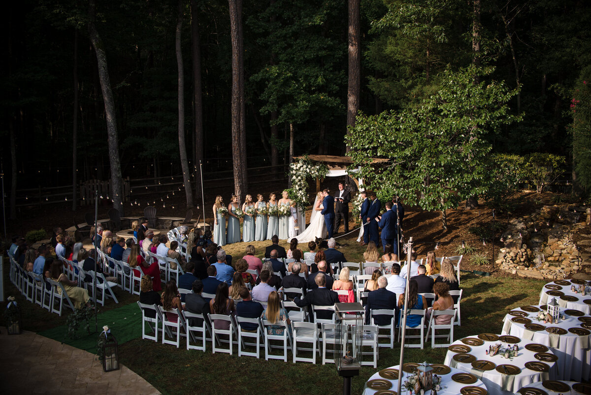 High angle view of backyard wedding ceremony
