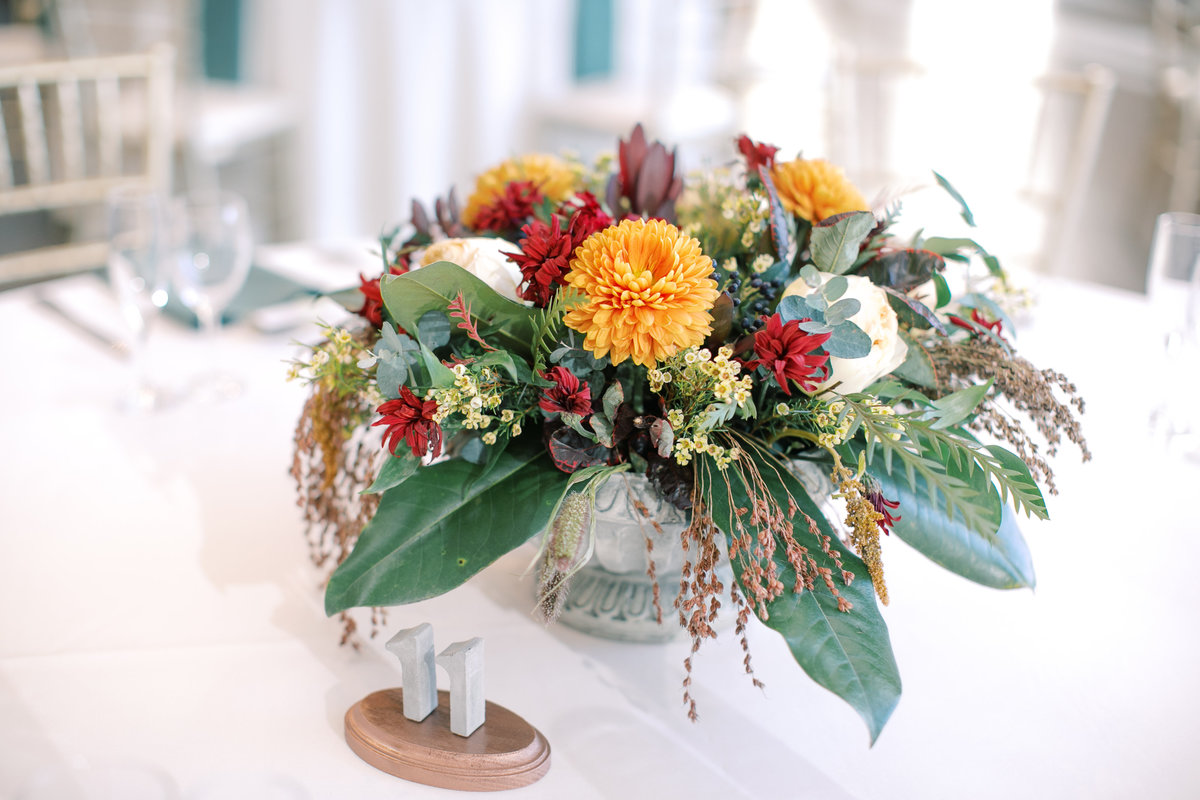Fall themed reception table centerpiece at the Riverview at Occoquan, VA