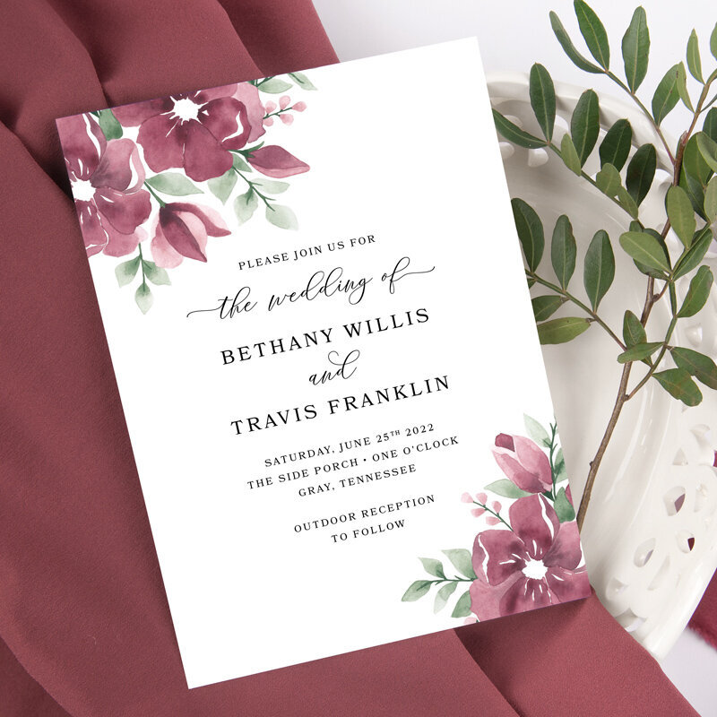 watercolor burgundy florals for wedding invitation