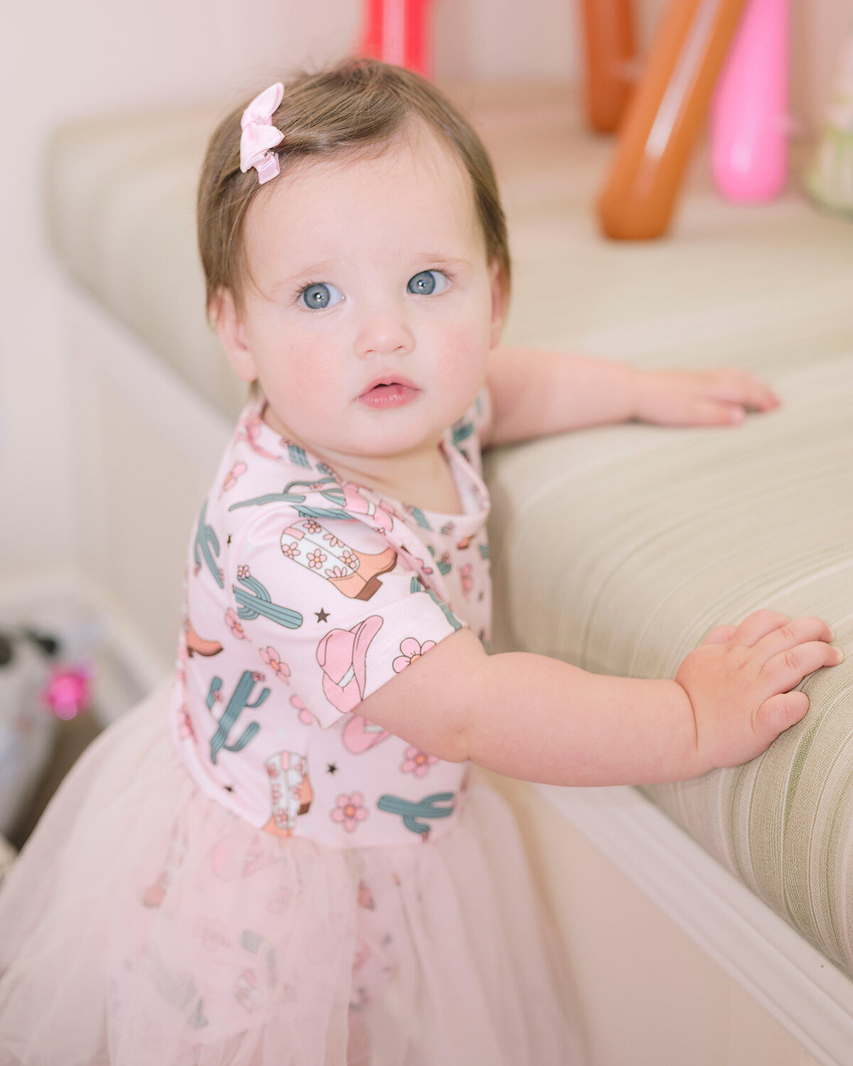 Close-up portrait of baby girl before her first birthday party in the San Francisco Bay Area, captured by a first birthday party photographer.