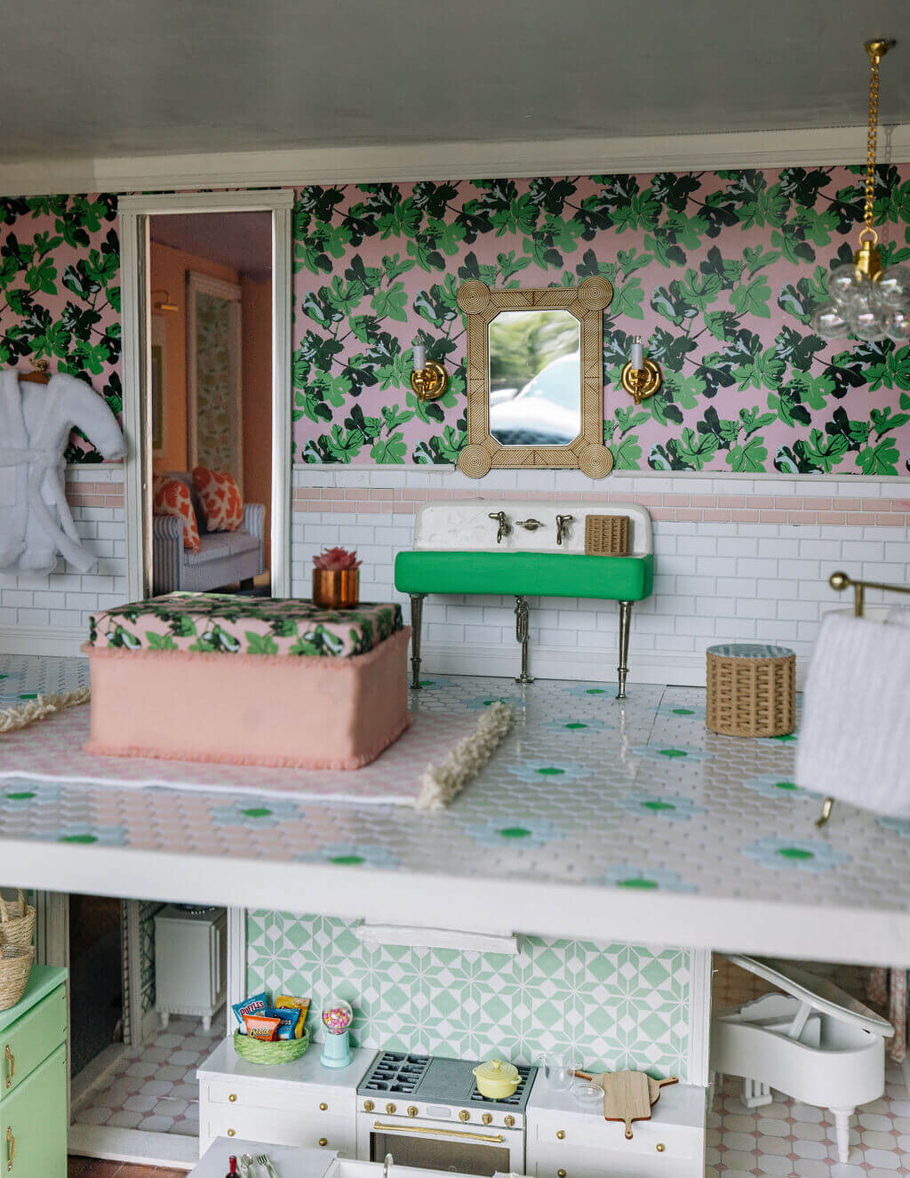 oyster creek studios petite palm beach dollhouse pink and green wallpaper upstairs downstairs bathroom kitchen