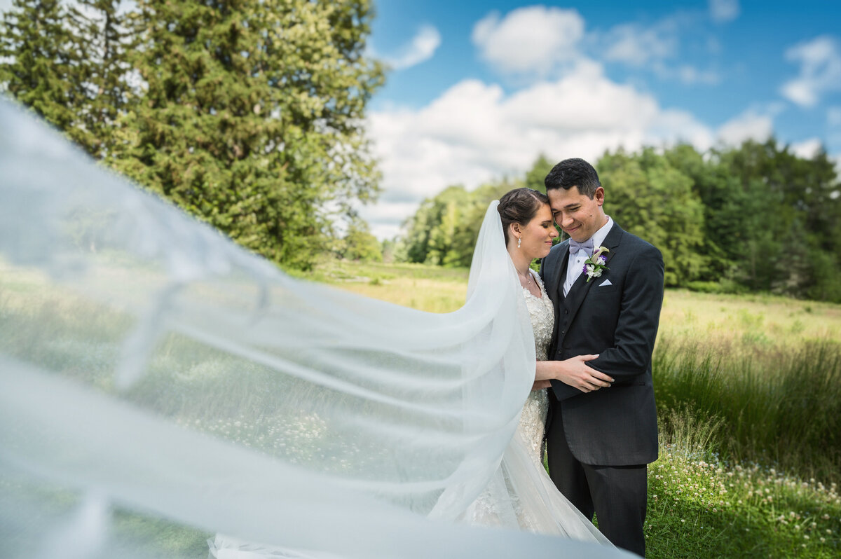 Wedding couple in field with veil blowing.