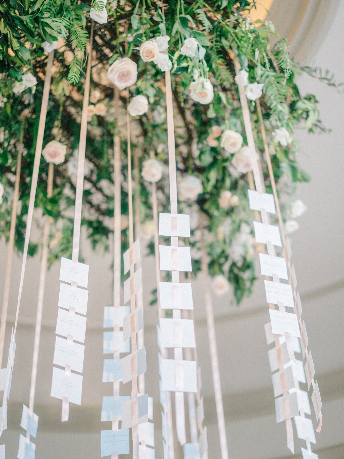 hanging cards from ribbon and flower wreath