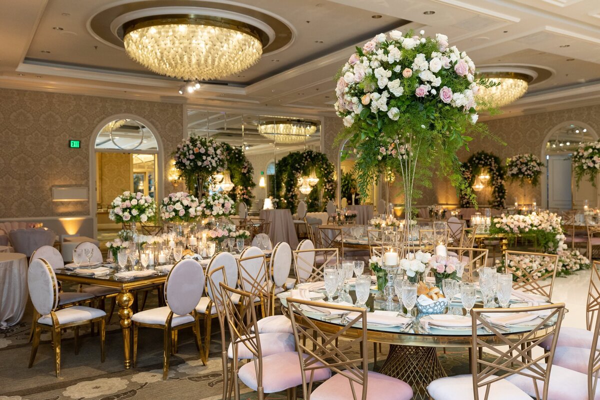 An elegantly decorated wedding reception hall