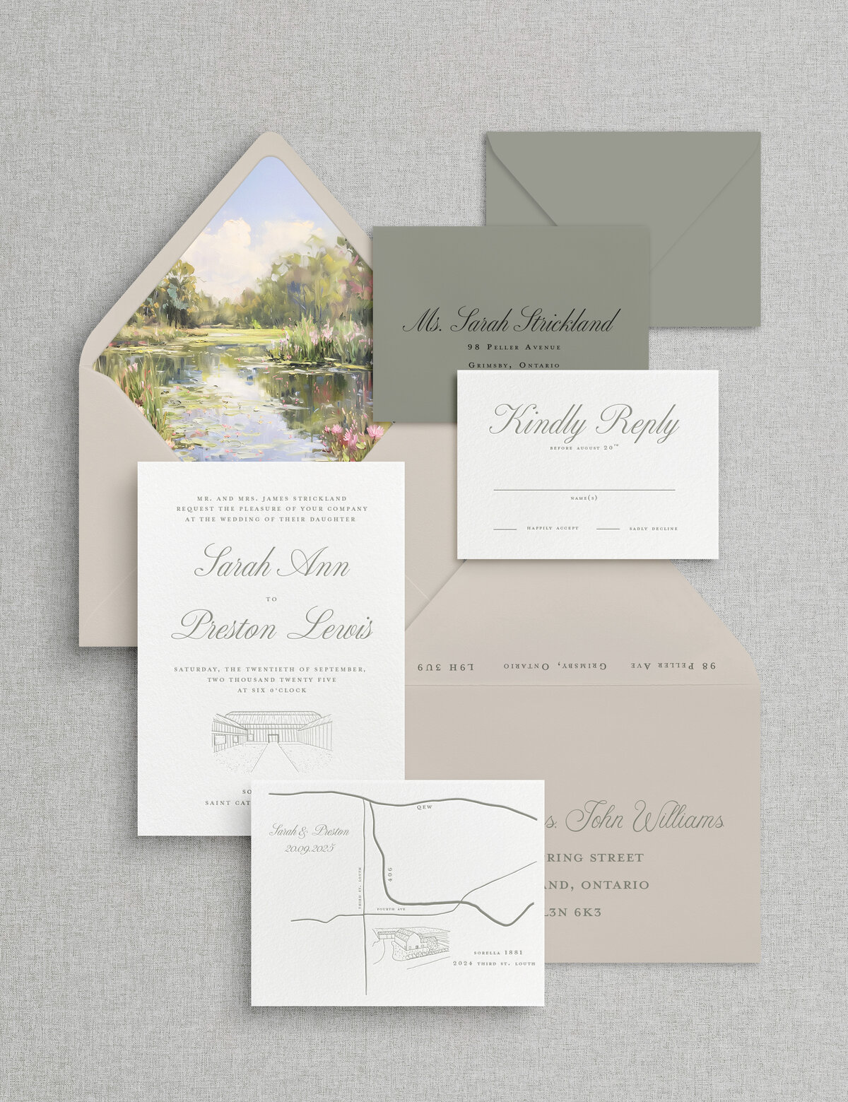 Letterpress Wedding Invitations; custom map, venue illustration
