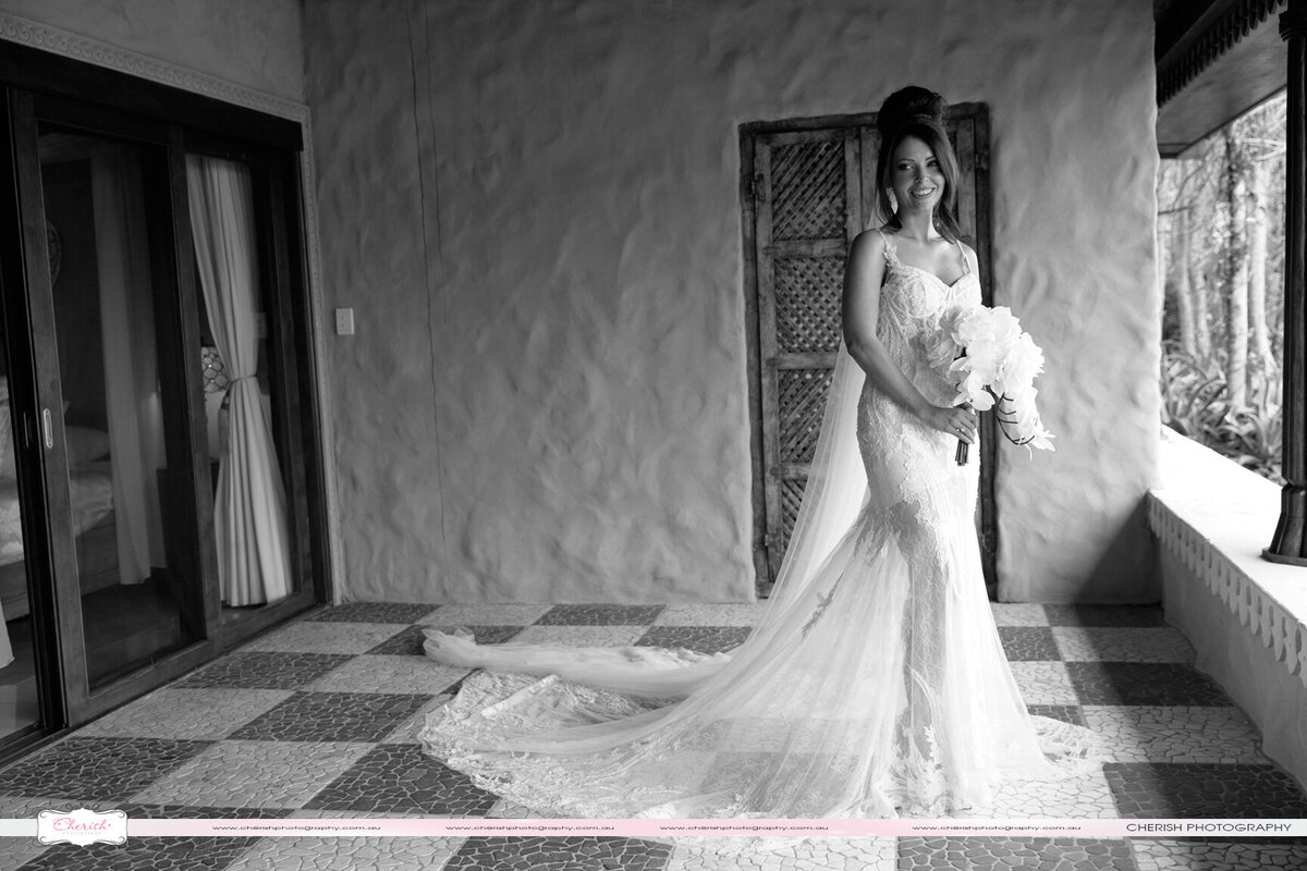 Capturing bridal beauty in monochrome at the picturesque Villa Botanica  in Airlie Beach.