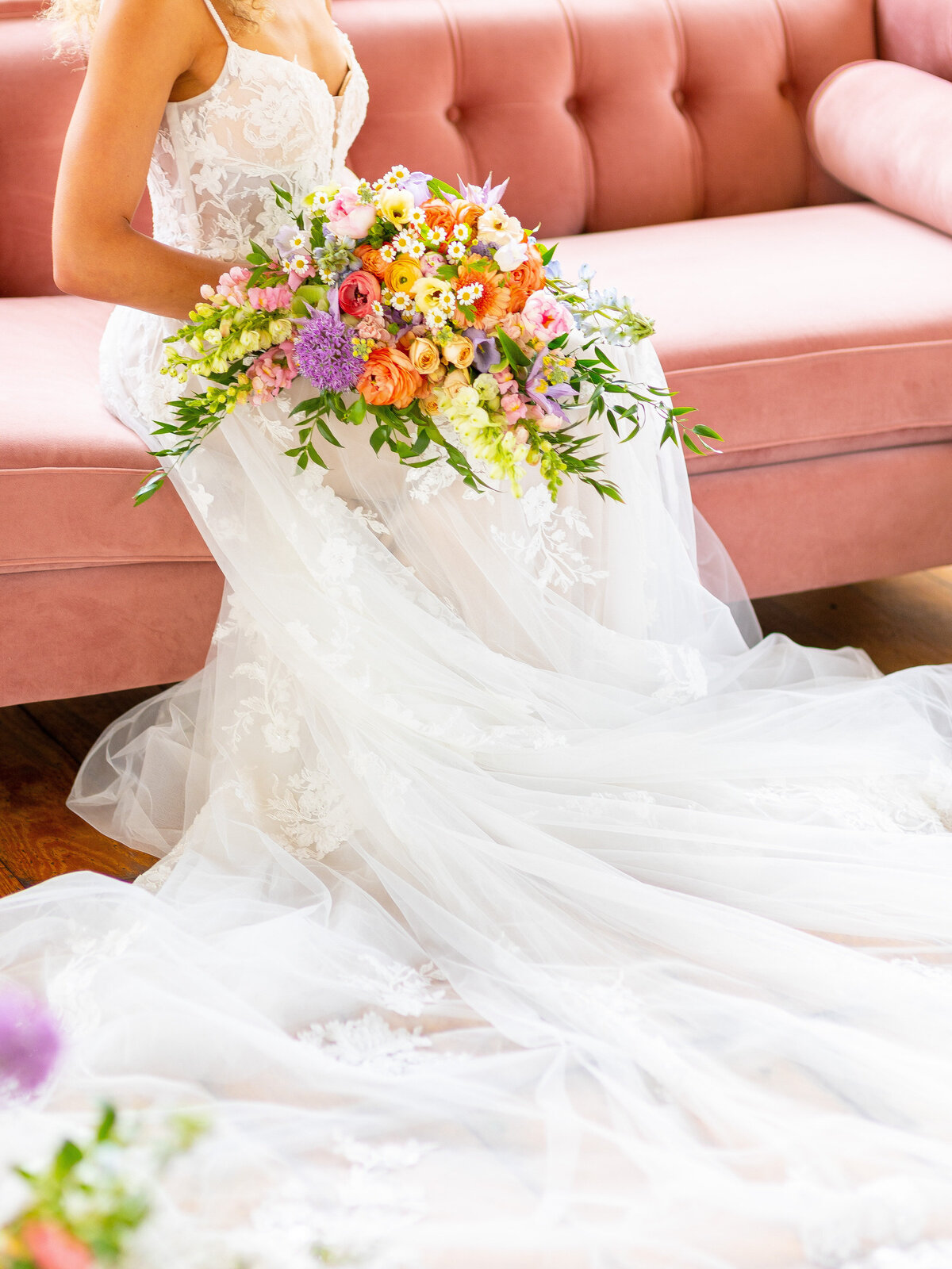 Bride's wedding dress train close up