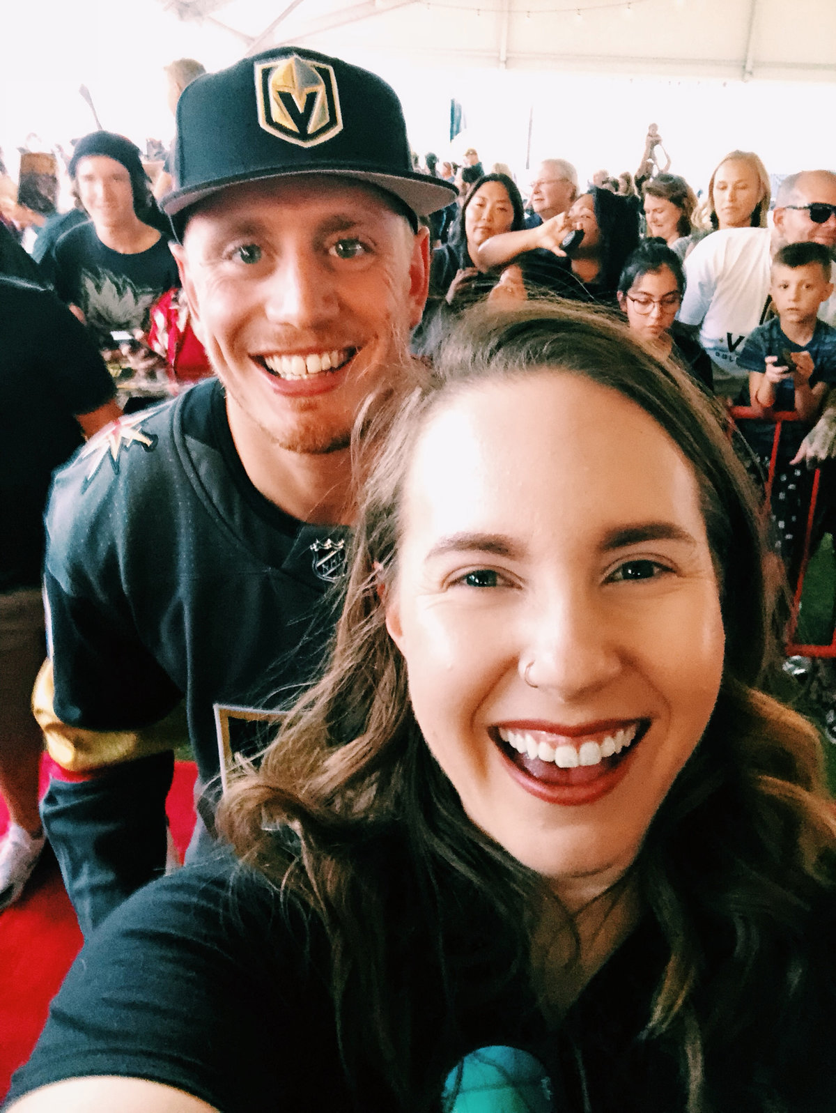 Fan poses with Nate Schmidt of the Vegas Golden Knights