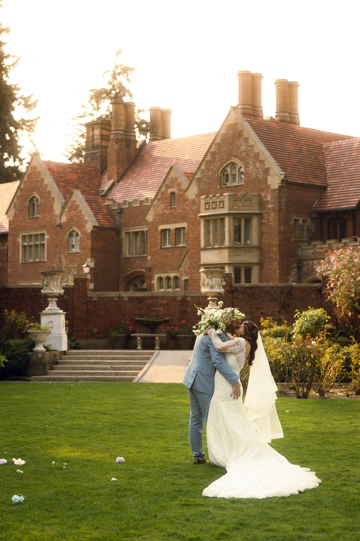 Bride and groom at Thornewood Castle in Tacoma