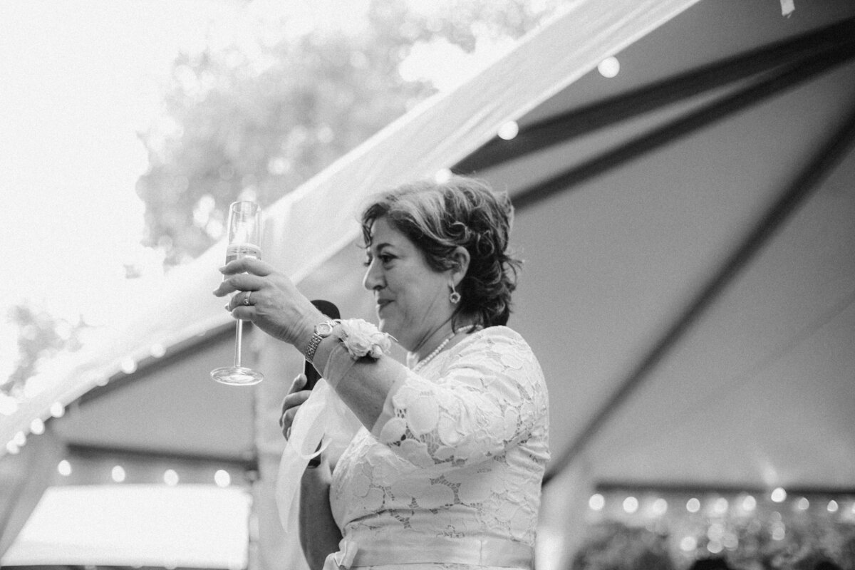 Woman raising a glass at wedding reception at Umlauf Sculpture Garden, Austin