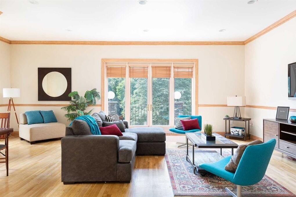 living room with blue and red accents modern