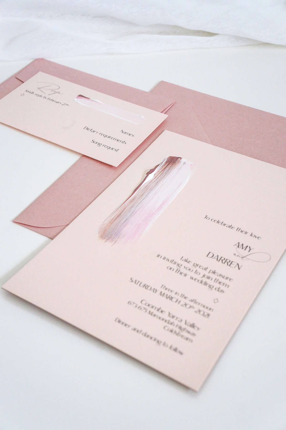 Dusky pink and brown painted wedding invitation and RSVP card with dusky pink envelopes