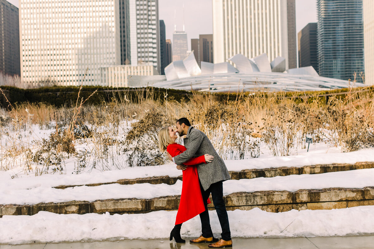 A snowy Lurie Garden made the perfect setting for this winter engagement photo