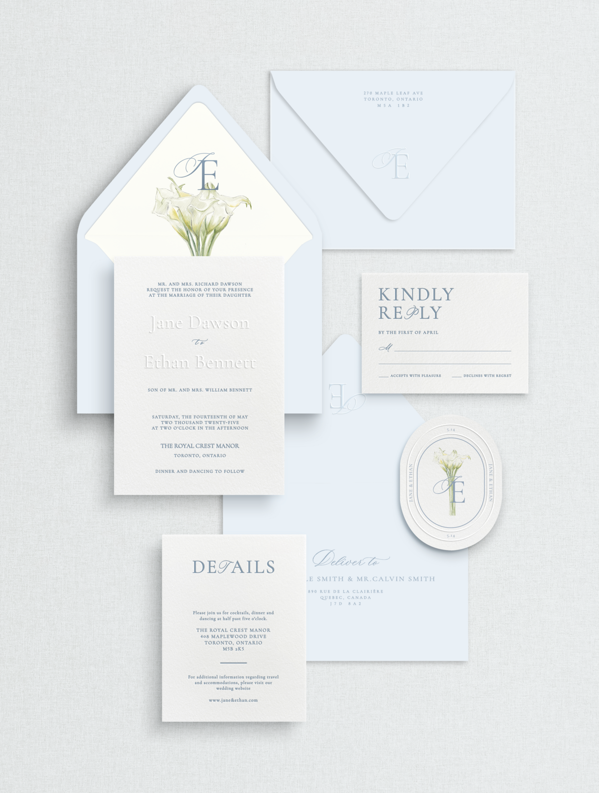 blue wedding invitation suite with wedding flower