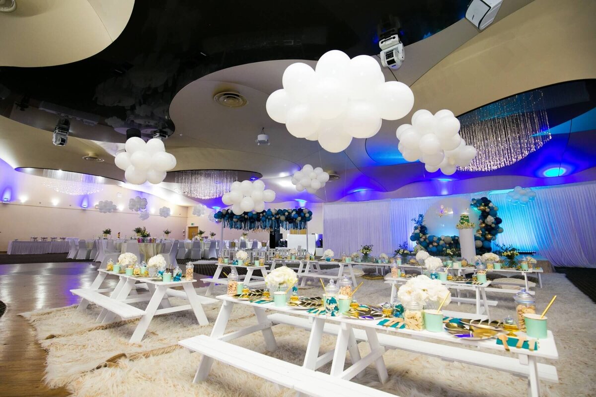 Balloon clouds and party table layout
