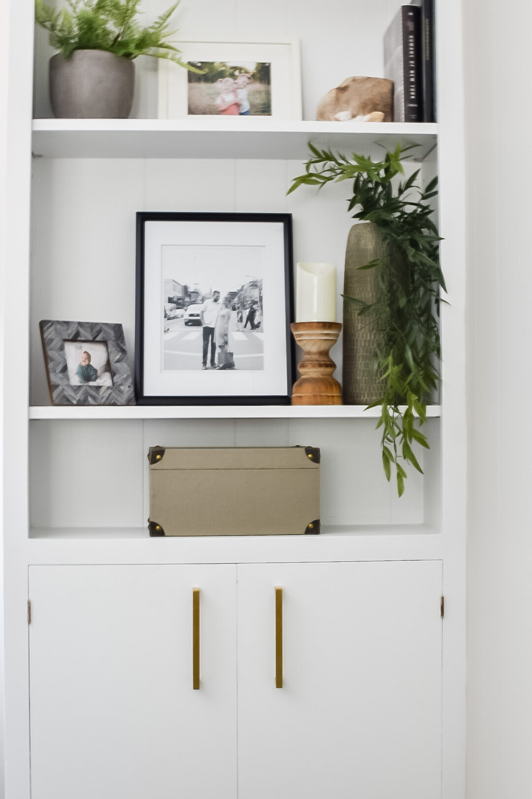 A white living room shelf with photos and plants