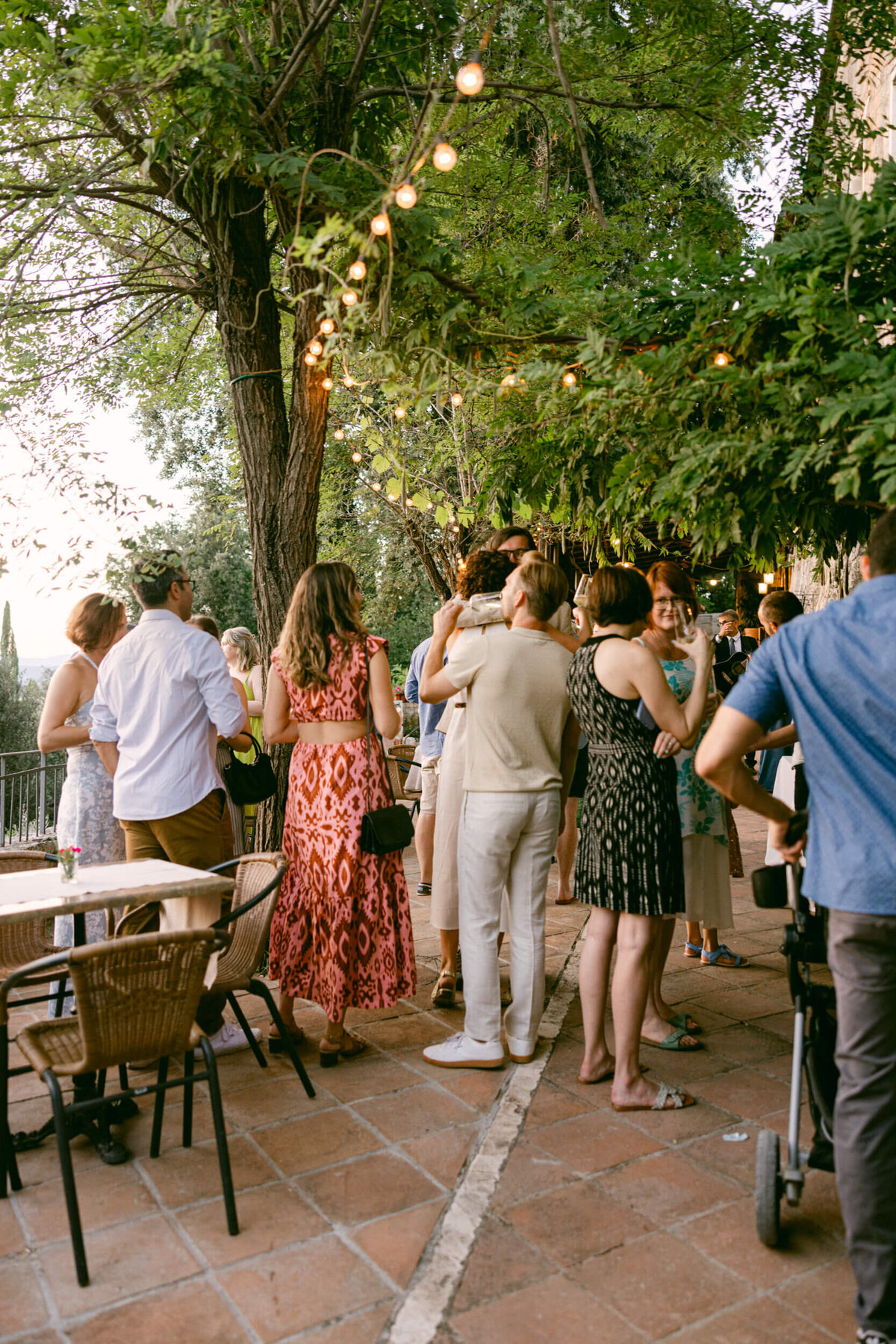 A wedding photo of cocktail hour at Laticastelli in Tuscany Italy