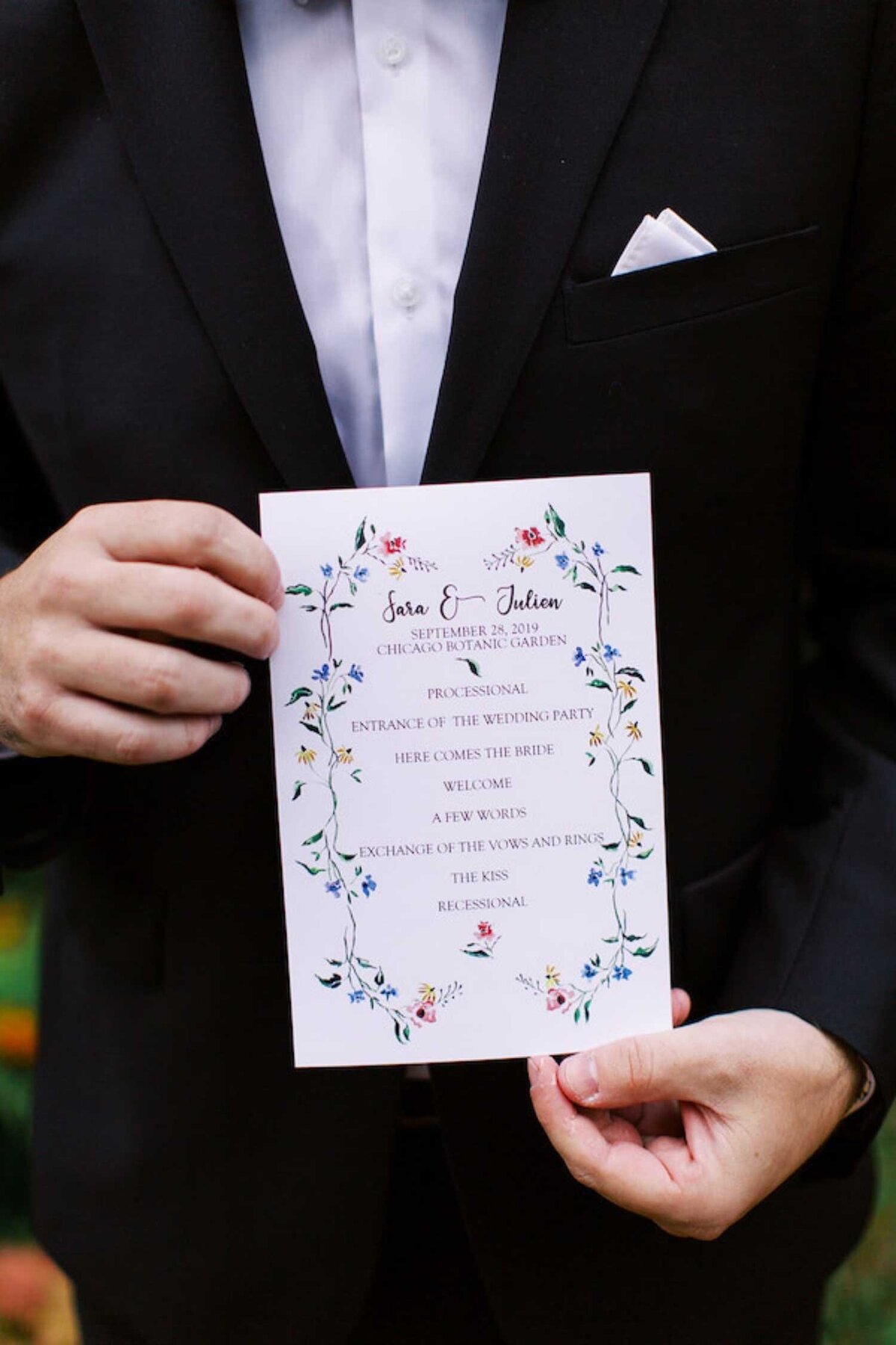 Floral illustration wedding invitation design for a luxury Chicago outdoor garden wedding.