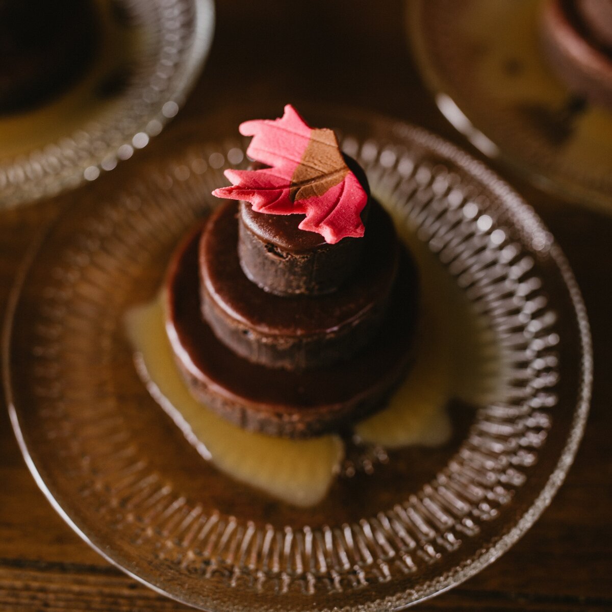 triple fudge brownie miniature wedding cake with whisky caramel sauce at Willowbrook Wedding venue