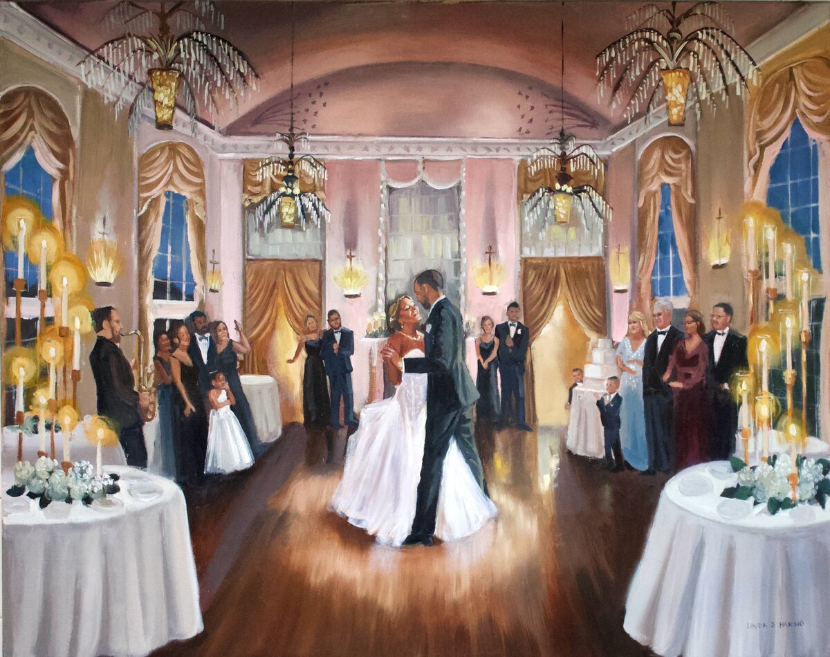 Live Painting Bride and Groom Dancing  in Ballroom at New Haven Lawn Club with pink and gold