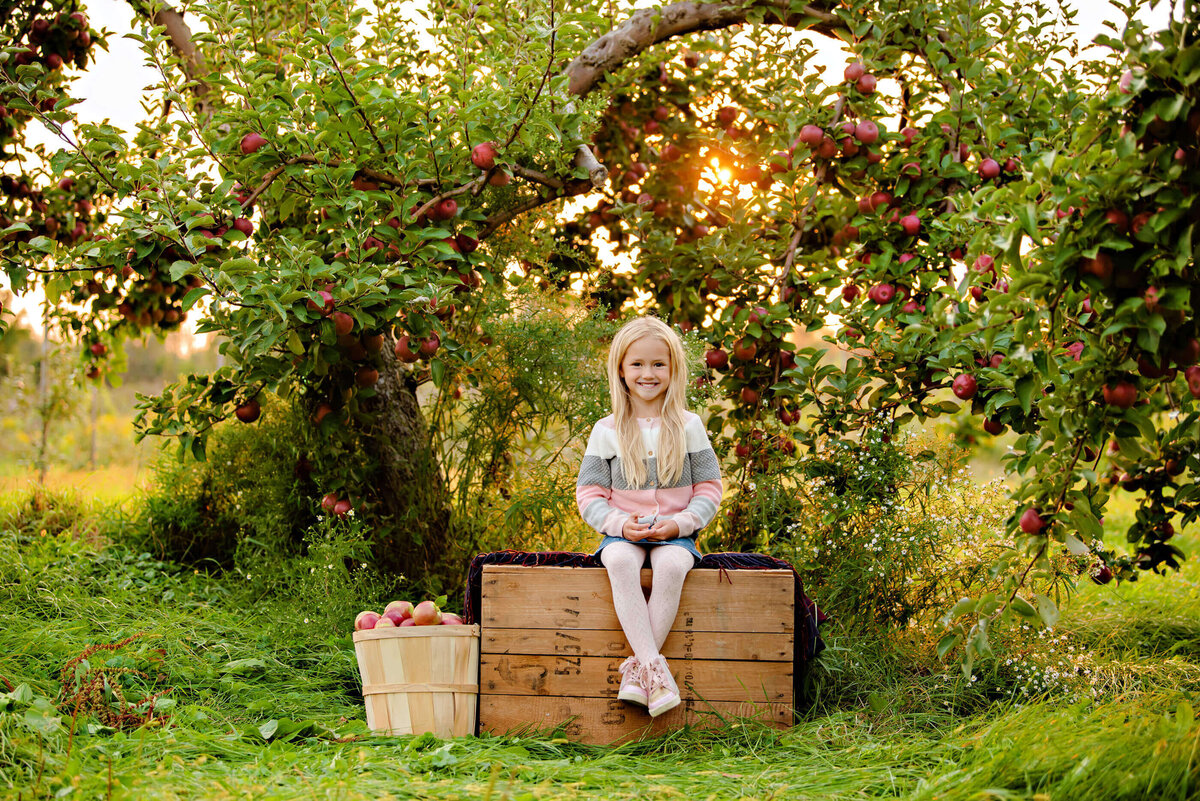 Little girl sitting on an apple crate in an apple orchard for her fall family photos in Burlington, ON
