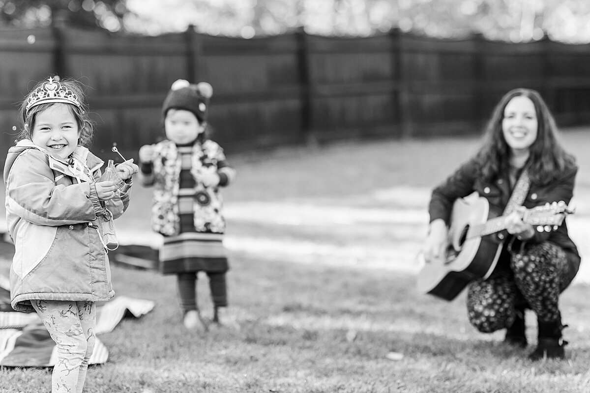 black and white of Lucky Dady Music class during Stacey Peasley Band Branding photo session with Sara Sniderman Photography in Natick Massachusetts