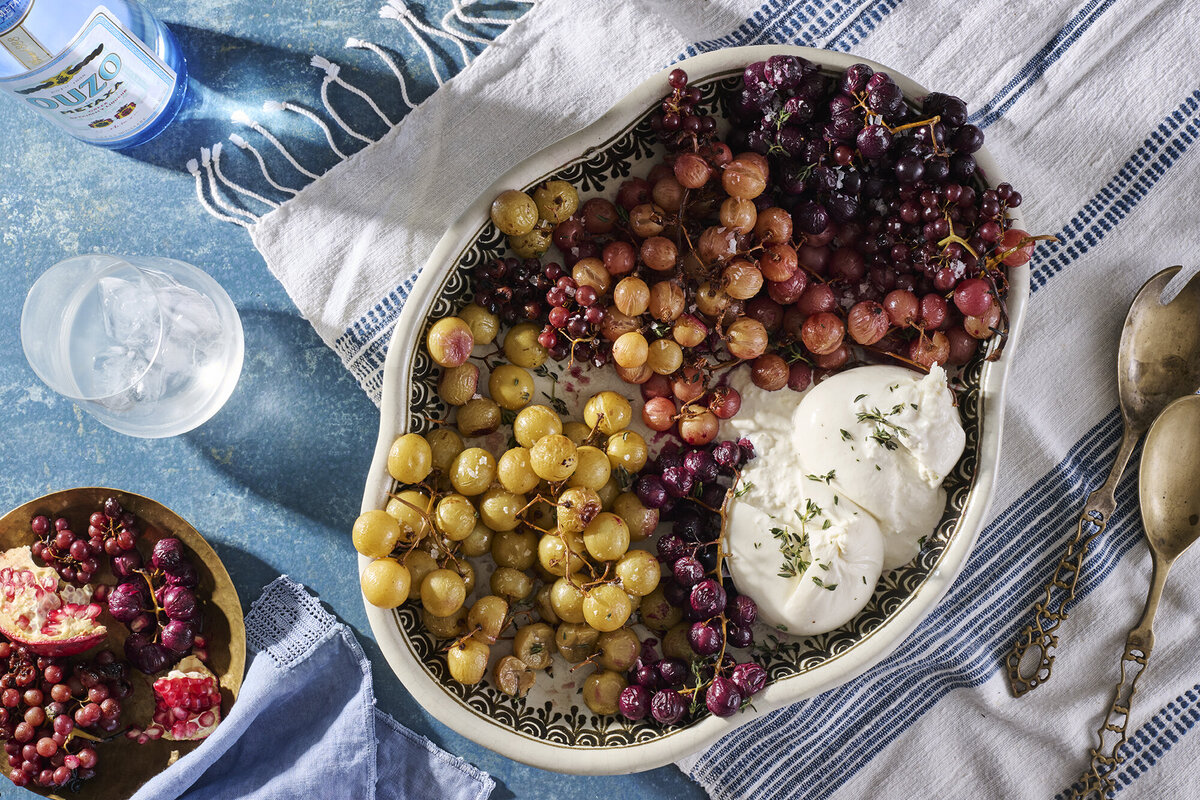 grilled grapes and burrata tablescape