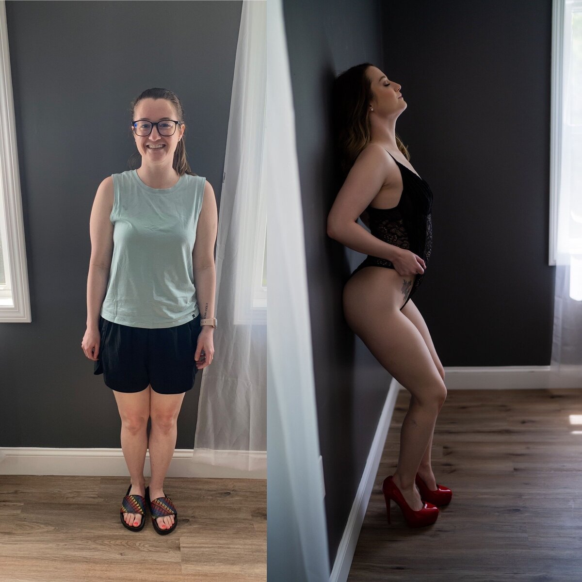 A woman stands in workout clothes before she gets prepped for her session in black lingerie and red shoes