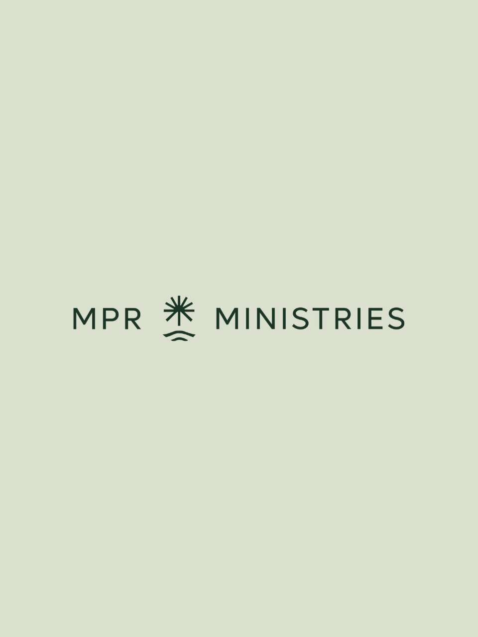 Minimalist logo for MPR Ministries featuring a stylized starburst and waves icon between the words “MPR” and “Ministries” on a soft sage background.