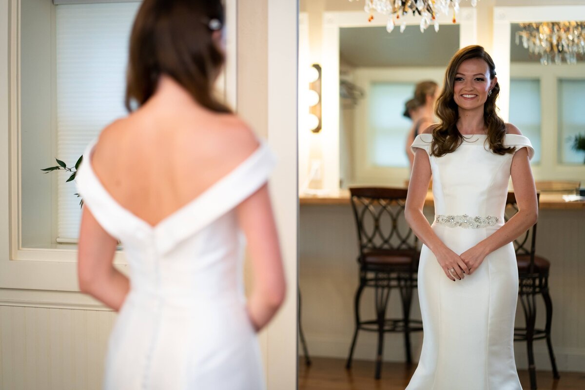 Bride sees her full look on her wedding day.