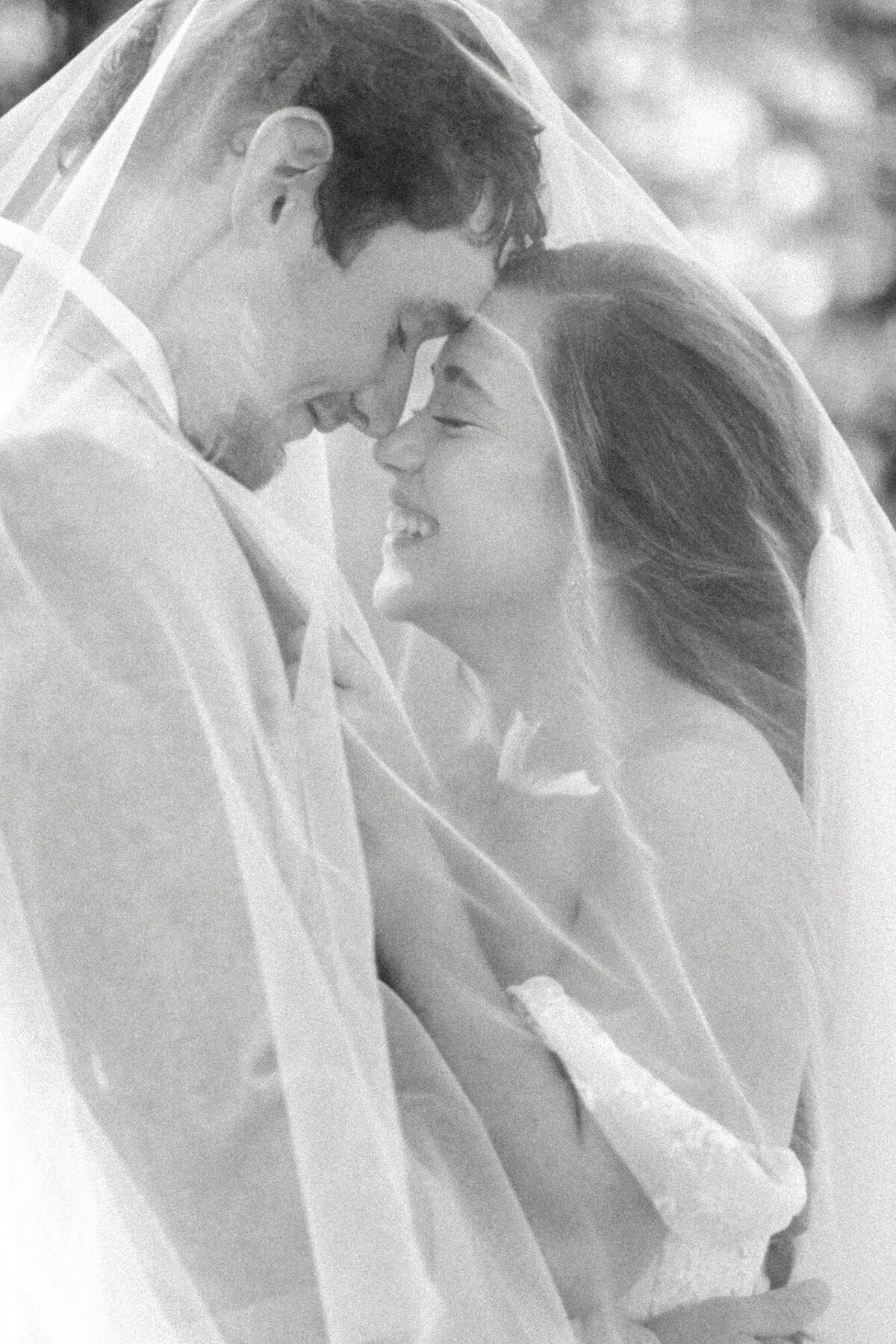 Bride and groom nuzzle under veil at farm wedding near Charlottesville VA