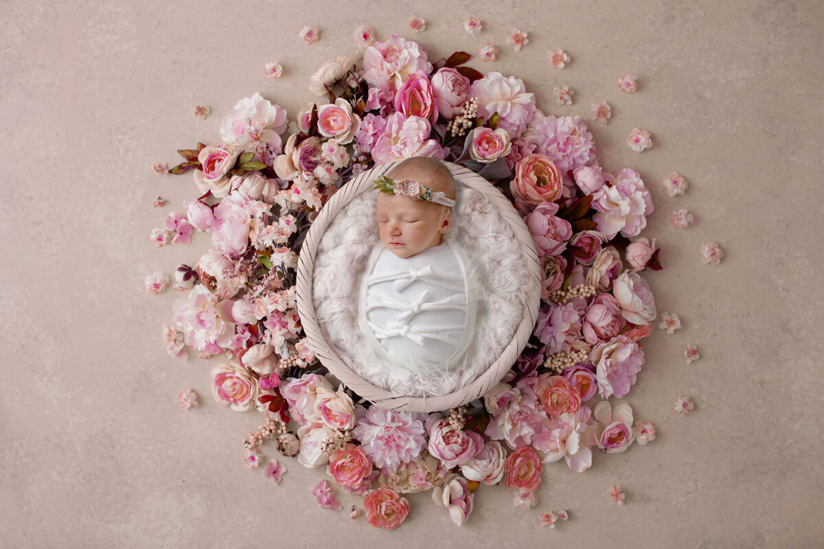 baby in basket pink floral