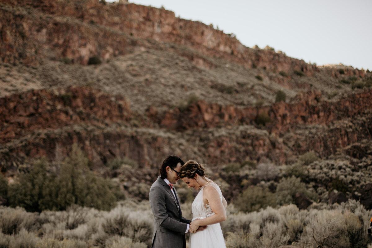 bride and groom holding each other in front of a mountain