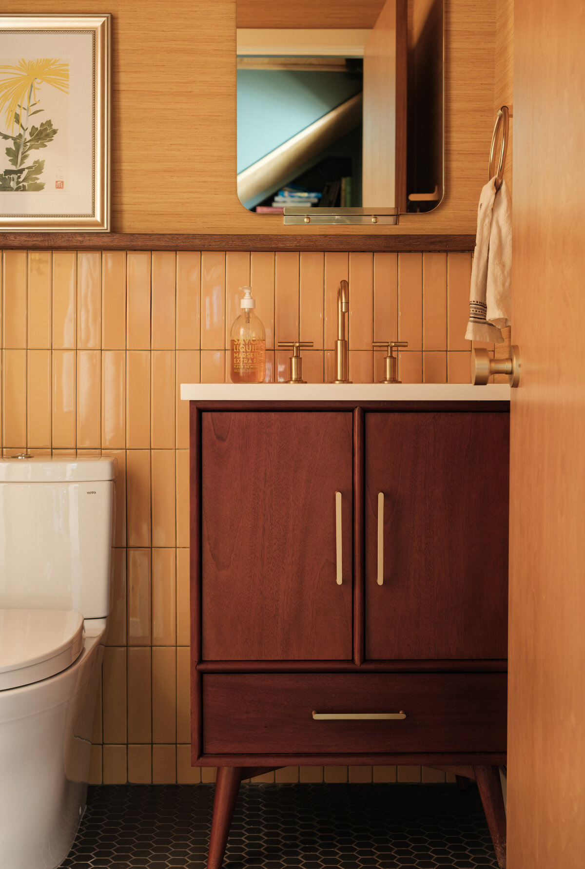 midcentury yellow bathroom houston designer