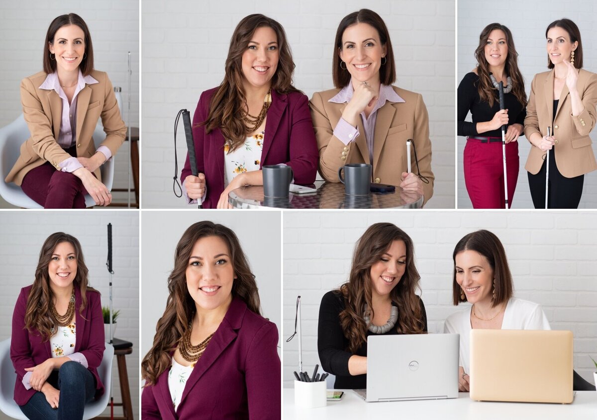 collage of team branding photos for two female consultants showing them working together, at their computer, with their canes