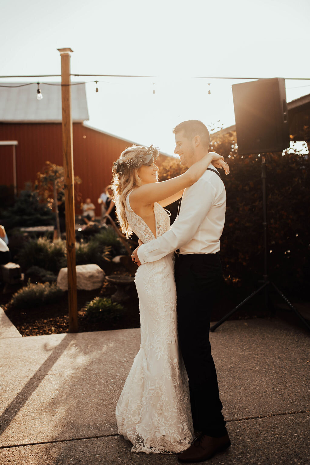 bride and groom first dance at their Michigan barn wedding venue