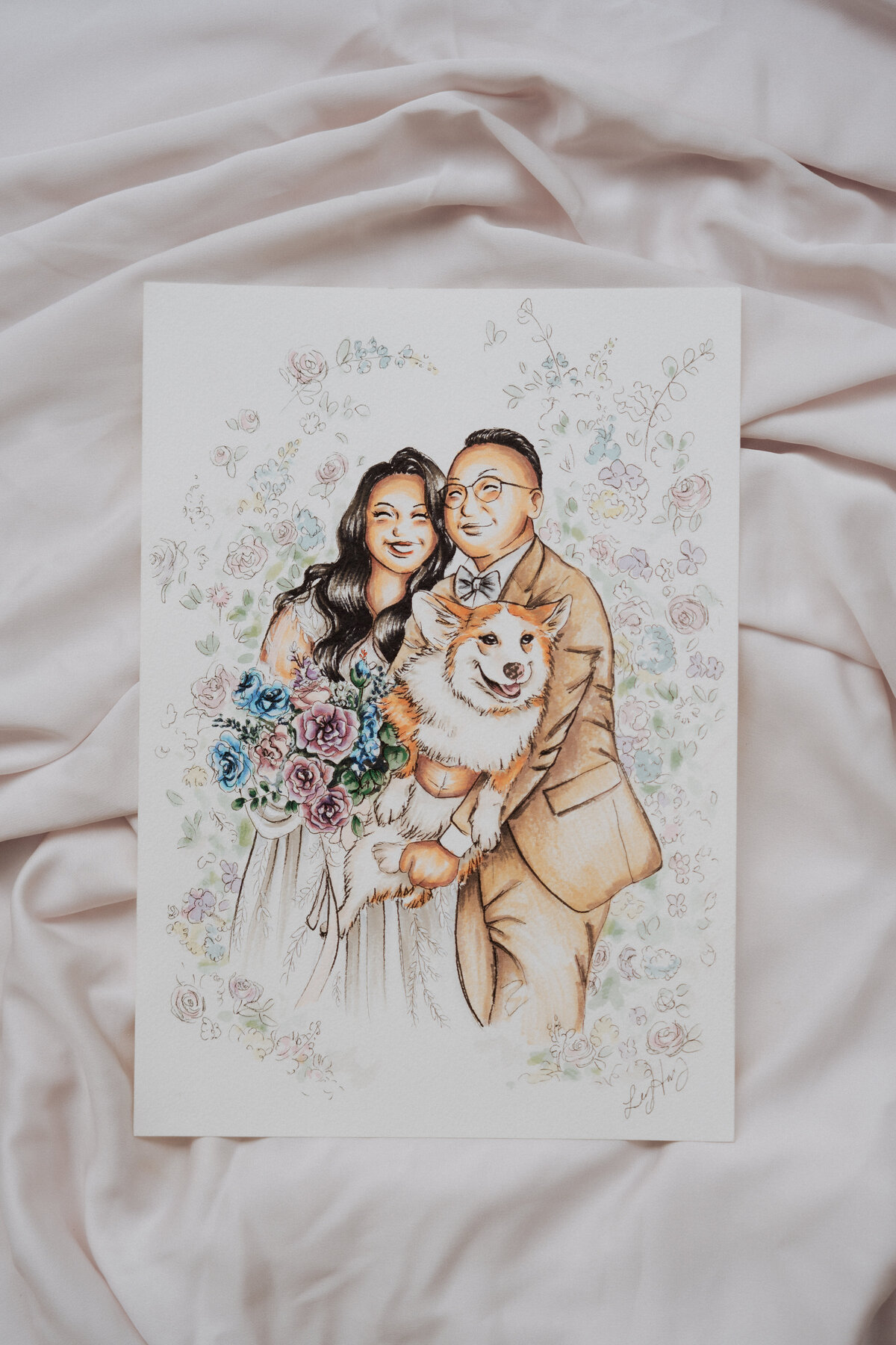 custom-couple-portrait-dog-floral-background
