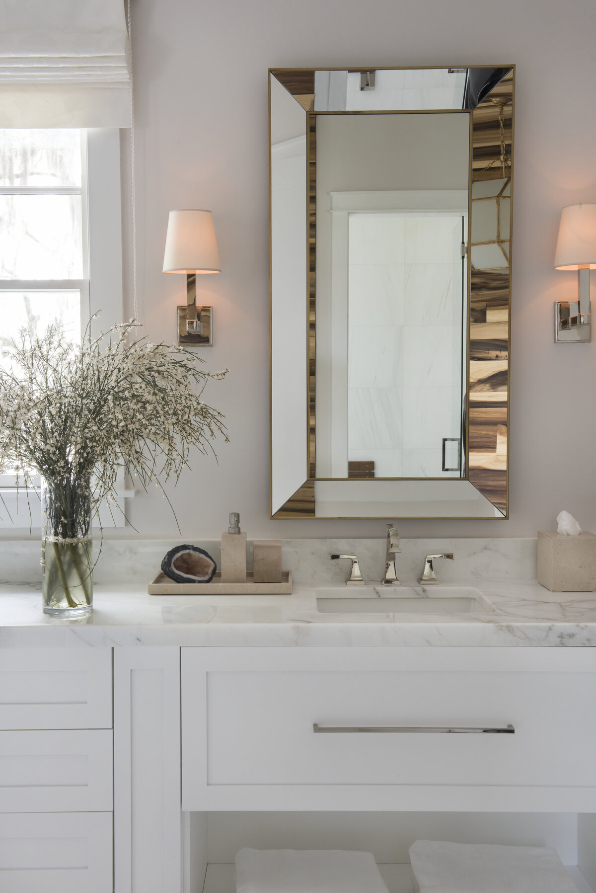 White Aesthetic Bath Counter + Wash Basin + Cabinets
