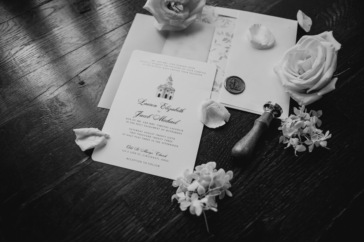flat lay of stylish wedding invitations