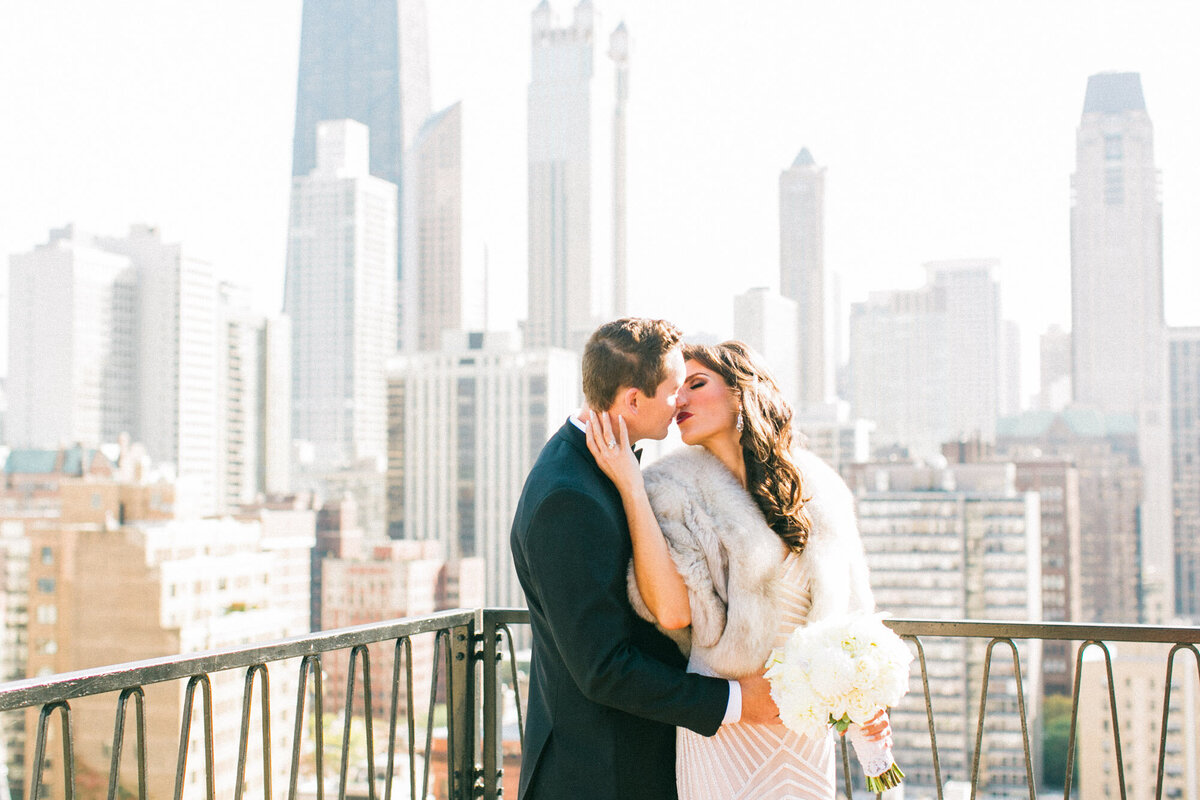 A beautiful wedding portrait with the Chicago skyline in the backdrop