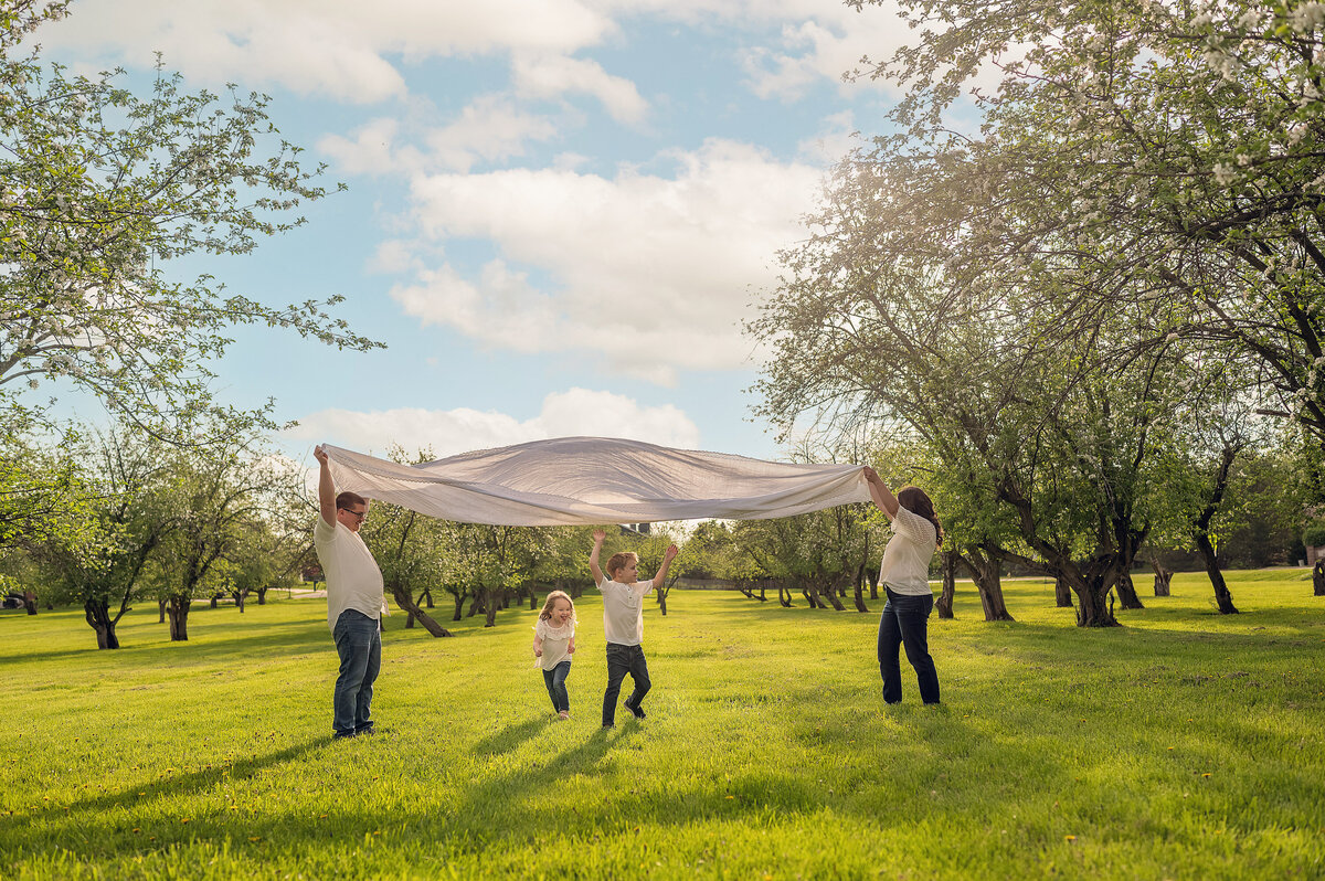 A family of four toss a blanket over their heads during a family portrait session in a Waukesha orchard.