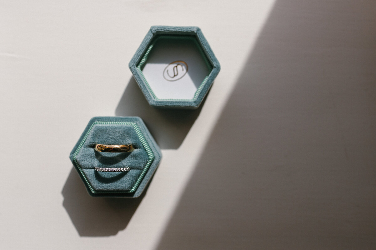Ring and ring box in turquoise photographed in hard light