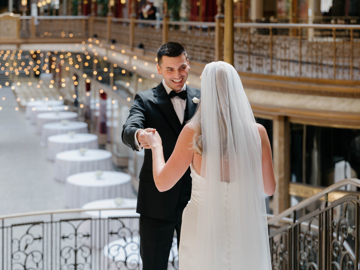 Modern wedding portraits inside The Arcade in downtown Cleveland