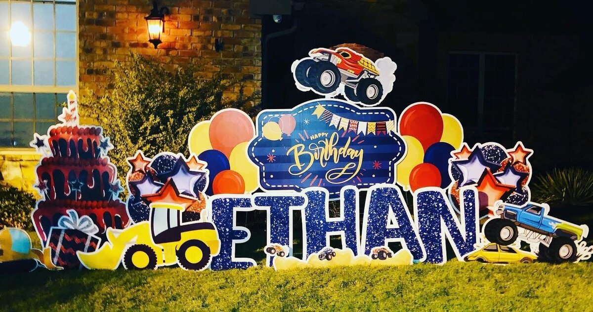 Custom birthday yard sign setup in Edmond, Oklahoma. Simply Sign It is a yard greeting rental company servicing Edmond, NW OKC, Piedmont, and Deer Creek. Order a yard greeting for birthdays, graduation, anniversary, back-to-school, and birth announcements. Monster trucks and hot wheels design.