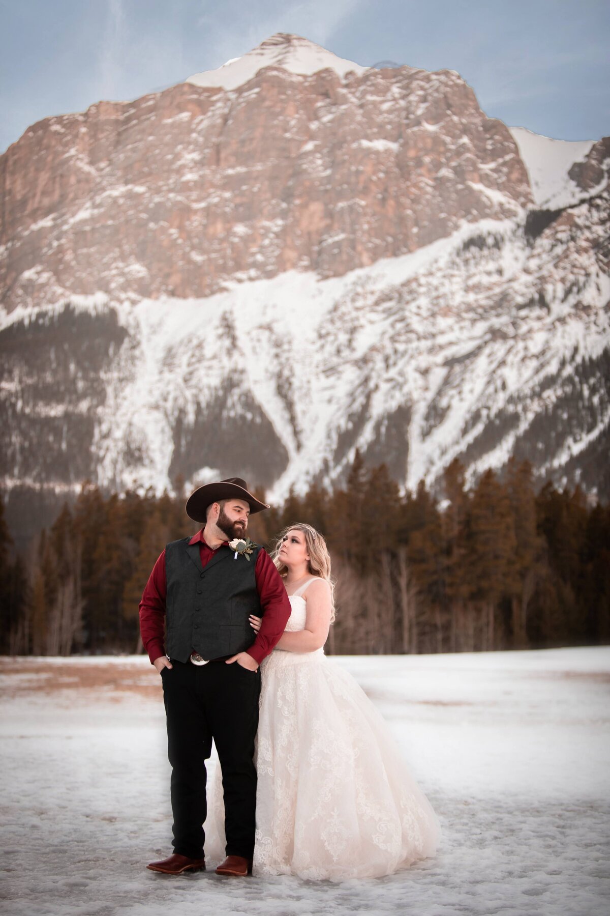 wedding portrait of bride and groom in Canmore Alberta